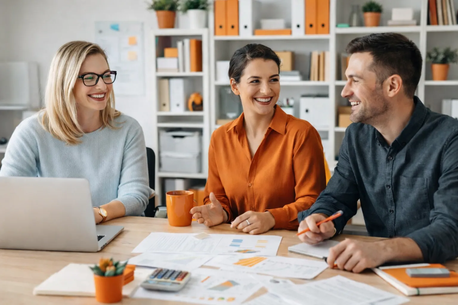 équipe de travail composée de deux femmes et d'un homme. L'équipe est souriante et se trouve devant un bureau avec des documents financiers.